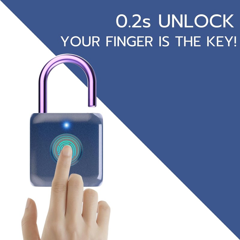 Pothunder Fingerprint Padlock, Smart Padlock, Locker Lock, Biometric Metal Keyless Fingerprint Lock, USB Rechargeable, for Gym Locker, Luggage, Backpack(Blue) - Image 2